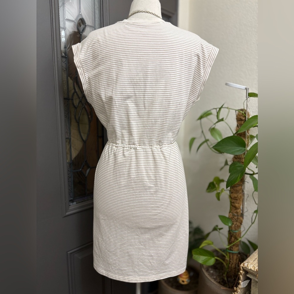 A New Day Cream Tan Striped Short Sleeve Extended Shoulder A-Line Dress Size L - Picture 6 of 8